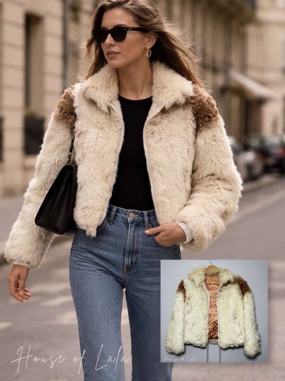 Vintage Faux Shearling Jacket Cream & Brown 90s Cropped Street Style Cozy Winter